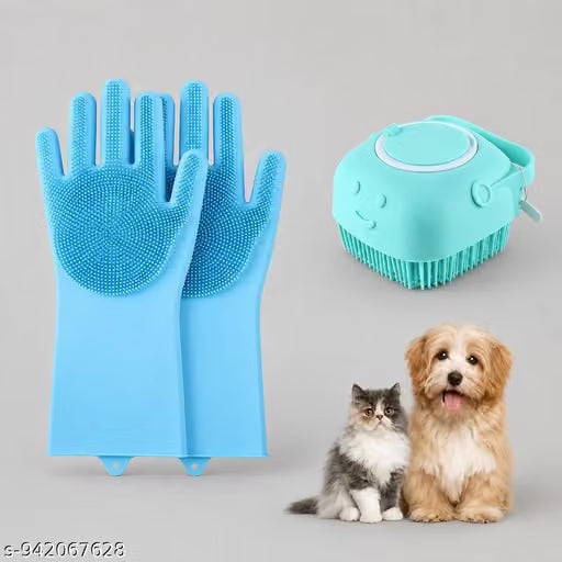 Silicone Dog Bath Brush with Cleaning Gloves (Multicolor, Set of 2)