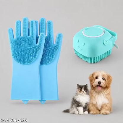 Silicone Dog Bath Brush with Cleaning Gloves (Multicolor, Set of 2)